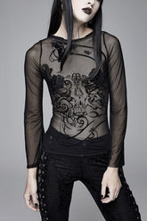 Chemise gothique pour femme à manches corne en maille noire avec impression serpent en flocage